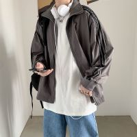 男士外套春秋2021新款韩版潮流百搭衣服宽松中长款翻领风衣夹克 灰色 常规拉链夹克 M 收藏优先发货