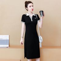 2021新款翻领连衣裙大码夏装短袖中长款过膝修身显瘦POLO领T恤裙 黑色 短袖 S 建议98斤以内