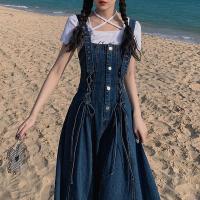牛仔背带裙连衣裙女复古显瘦夏装学生收腰长款减龄小个子A字裙子 牛仔蓝 单件连衣裙 XS