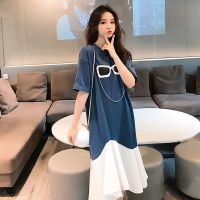 胖mm特大码2-300斤夏季女宽松显瘦短袖T恤拼接连衣裙超仙A字裙子[9月10日发完] 浅蓝色[优质版] L 80-12