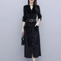 春秋2021年新款大码女装金丝绒长袖开衫连衣裙收腰气质过膝长裙子 黑色 M
