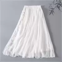 2021夏汉服女仙女裙刺绣花盘扣雪纺半身裙文艺复古半身裙中长 白色 S 建议身高150cm-152cm