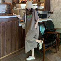 特大码300斤T恤连衣裙女短袖长款夏季胖MM宽松过膝遮肉休闲长裙24 咖啡色 M 建议100斤以内