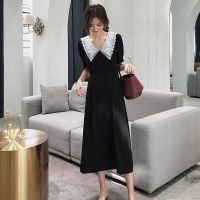 2021夏季新款娃娃领连衣裙法式赫本风复古显瘦时尚气质长款连衣裙 黑色 S 110内