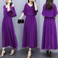 200斤胖MM洋气大码连衣裙女2021夏季新款雪纺遮肚显瘦性感大摆裙 紫色长款约到脚踝 M 90-110