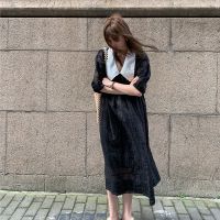 大码女装2021年春装新款气质显瘦胖妹妹心机娃娃领中长款连衣裙子 黑色裙 XL 建议 100-125斤