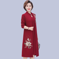 2021新款中年妈妈春秋装连衣裙子高贵旗袍中老年女装洋气两件套装 酒红色 XL[建议90-108斤]