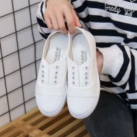 八色可选ins帆布鞋女韩版假系带一脚蹬球鞋平底百搭休闲小白鞋313 白色 35