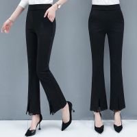 2021新款喇叭裤女九分裤高腰蕾丝鱼尾裤黑色阔腿女休闲裤韩版修身 款式8001款 S 建议[0-80斤]