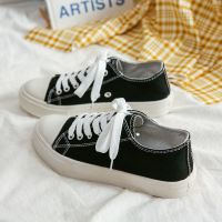 2021夏季新款帆布鞋女学生韩版潮流百搭平底休闲鞋帆布鞋低帮女鞋 黑色(白底) 35