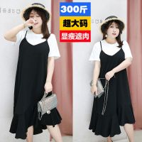 胖mm200斤背带连衣裙大码女装夏季宽松显瘦中长款300斤黑色吊带裙 单裙 吊带裙 XL 建议100-130斤