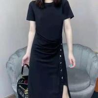 大码女装2021夏季新款气质遮肚显瘦不规则设计开叉中长款连衣裙潮 纯黑色无烫钻 M 建议105斤以内