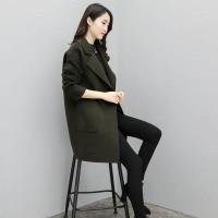2021新款春秋季毛呢外套女中长款潮韩版大码呢子大衣宽松显瘦外套 军绿色 S 建议75-85斤