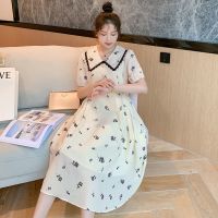 2021新品孕妇装夏季时尚法式复古碎花娃娃领大码孕妇连衣裙长裙 优质版杏色 M[推荐体重75-100斤]