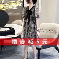 洋气减龄网纱格子连衣裙女蝴蝶结v领雪纺裙子夏季2021新款欧洲站[5天内发货] 黑色 [正品保证] XXS [特小码50