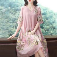 民族风女装复古刺绣唐装2020夏季新款气质宽松显瘦中国风连衣裙 粉色 L码100-110斤