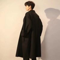 男士风衣中长款宽松帅气过膝潮流痞帅外套2021韩版夏秋季港风衣 黑色 4XL