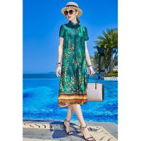 高端气质真丝连衣裙女装2021年夏季新款立领短袖绿花桑蚕丝中长裙 绿色 M 建议80-100斤