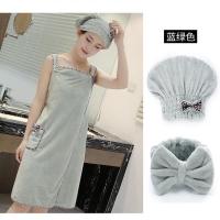 珊瑚绒可穿浴巾女性感成人吸水不掉毛裹胸浴帽套装加大加厚三件套 新款珊瑚绒绿色加厚款 单浴巾