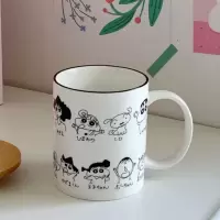 蜡笔小新日韩卡通杯子陶瓷杯带盖勺创意马克杯可爱少女心简约ins 黑白满花小新单杯