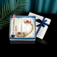 生日结婚教师节送老师送闺蜜礼物创意珐琅彩水杯家水晶玻璃杯带盖 红玫瑰高款+勺子 礼盒包装