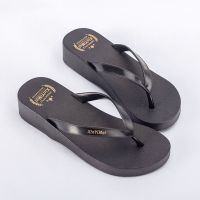 沙滩鞋凉拖鞋女夏时尚外穿海边防滑厚底坡跟夹脚度假人字拖 黑色(偏小一码) 36