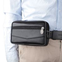 手机包男真皮腰包横款拉链穿皮带手机袋户外工地干活手机包包男包 横款黑色7.5寸以下