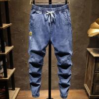 2021新款男士弹力牛仔裤男夏季薄款束脚哈伦学生休闲裤子 蓝色+礼品(1件装) S
