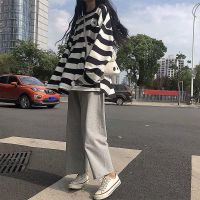 棉裤秋季新款套装女学生韩版宽松条纹长袖T恤+休闲阔腿裤女两件套 条纹单上衣 M 建议[70-95斤]