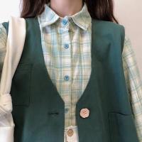 单/套装秋季新款韩版宽松女学生格子长袖衬衫+马甲+半身裙三件套 绿色马甲[单件] XS 建议85以下