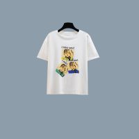 夏秋休闲套装女学生韩版宽松刺绣T恤+收腰直筒阔腿背带裤两件套潮 印花T恤[单件] S 建议80-100斤