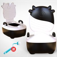 儿童马桶坐便器男孩女宝宝小孩婴儿幼儿专用便盆尿盆尿桶家用大号 哞哞牛-黑色[送刷子] 经典款-硬垫