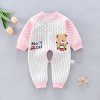 婴儿连体衣加棉加厚宝宝保暖哈衣爬爬服新生儿衣服秋冬装0到3个月 (开档加棉)竖条熊粉 59 建议0-2月左右