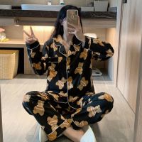 胖MM80-200斤加肥加大码睡衣女春秋胖妹妹长袖宽松款月子服套装 满身熊黑[长袖+长裤] M [建议80-100斤]