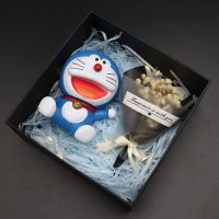 蓝胖子大号机器猫哆啦A梦礼盒七夕毕业季送女友男朋友特别生日 贺卡+灯+花束+礼袋+随机机器猫一个 O型嘴款9厘米/15C