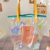 洗漱包熊果冻手提袋沙滩包兔手提包透明夏季女出行游泳包收纳包包 UV黄色手提星星熊漏空网底