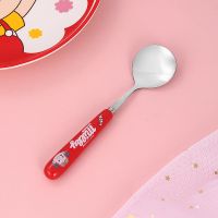 ins不二家少女心卡通可爱汤勺餐具学生上班陶瓷柄不锈钢叉子勺子 不二家红色 圆勺(16.5cm)