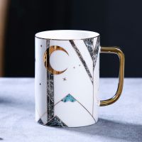 尾货清仓 轻奢描金大理石马克杯小奢华陶瓷杯带盖勺咖啡杯情侣杯 白色单杯 微疵处理