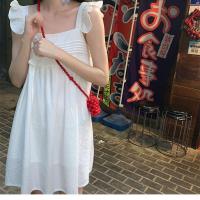 PtonUmi 神明少女小飞袖 白色吊带连衣裙女宽松高腰荷叶花边裙子 白色裙子 XS