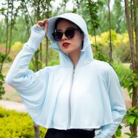 清仓冰丝夏季防紫外线遮阳帽户外骑车防晒衣遮脸太阳帽子面罩均码 蓝色一体防晒带紫外线卡