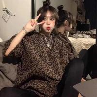 夏季短袖大码女装2021新款t恤女学生韩版宽松百搭豹纹半袖上衣潮 棕色豹纹 XXS 30斤内