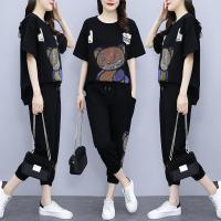 胖妹妹夏装新款重工烫钻宽松显瘦套装大码女装休闲九分裤两件套 套装 XL[建议100-120斤]