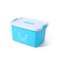 储蓄箱收纳箱带轮子塑料中号存物收集整理盒学生放装衣服箱子 天蓝色笑脸(高品质) 新款手提小号:长28宽21高17厘米