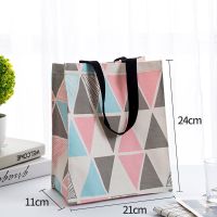 棉麻帆布手拎折叠便当包饭盒袋斜跨补习书袋便携环保购物手提袋女 粉三角 小号[21cm*11cm*24cm]