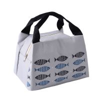 饭盒袋便当包手提午餐包加厚铝箔保温包学生带饭的防水帆布便当袋 灰色小鱼