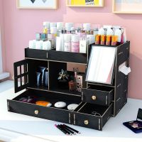 宿舍化妆品收纳盒置物架桌面抽屉式大容量简约梳妆台护肤品置物架 H01亮黑色螺丝款(自带镜子)