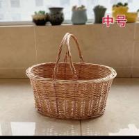 藤编篮子手提蓝超市购物蓝柳编水果蓝编织篮子购物筐户外野餐蓝 原色 小号口长30.宽28高
