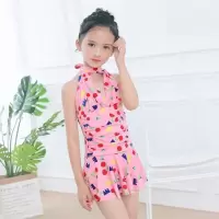 新款童泳衣大中小女童学生女泳衣连体个性平角裤樱桃印花儿童泳衣 樱桃粉色 12# 建议(100-110cm
