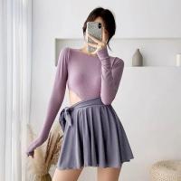 泳衣女长袖连体三角比基尼裙式两件套撞色保守遮肚高腰韩国温泉 紫色 S(建议80-90斤)