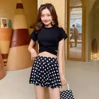 泳衣女分体比基尼保守裙式学生少女小胸聚拢遮肚显瘦防晒温泉泳装 黑色(含胸垫+平角泳裤) S (70-90斤)